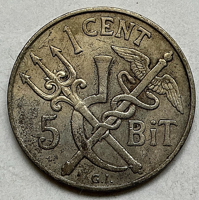 1905 Danish West Indies 1 Cent 5 Bit Piece. KM #75
