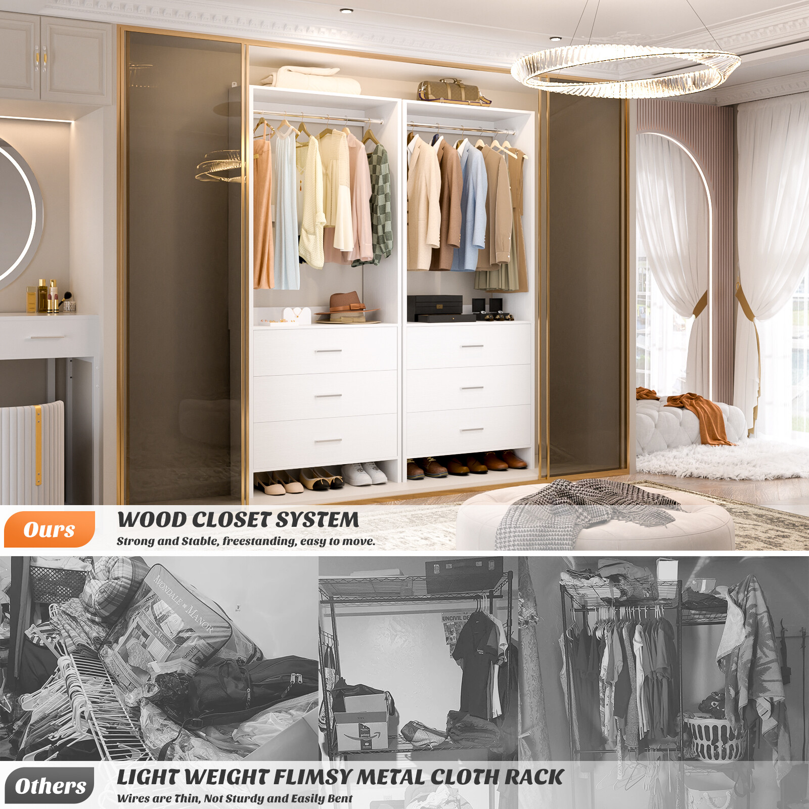 2FT Closet System with 3 Drawers ＆ Hanging Rod, 24'' Small Wardrobe Clothes Rack