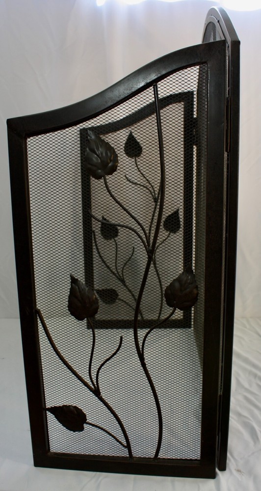 FIRE SCREEN: Classic Wrought Iron 3-panel Folding Screen Featuring Climbing Ivy
