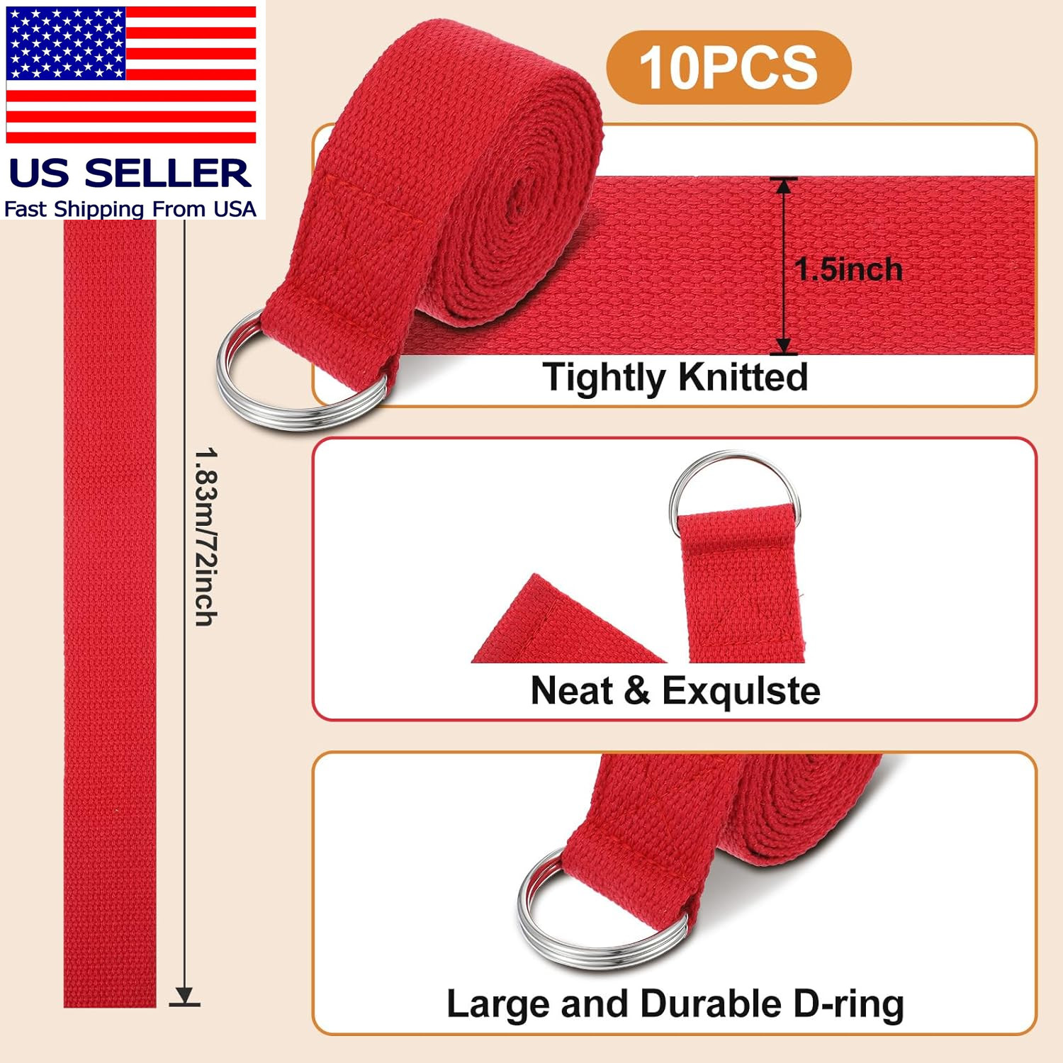 10 Pcs Yoga Strap for Stretching Bulk 6Ft Exercise Stretch Band with Metal D Rin