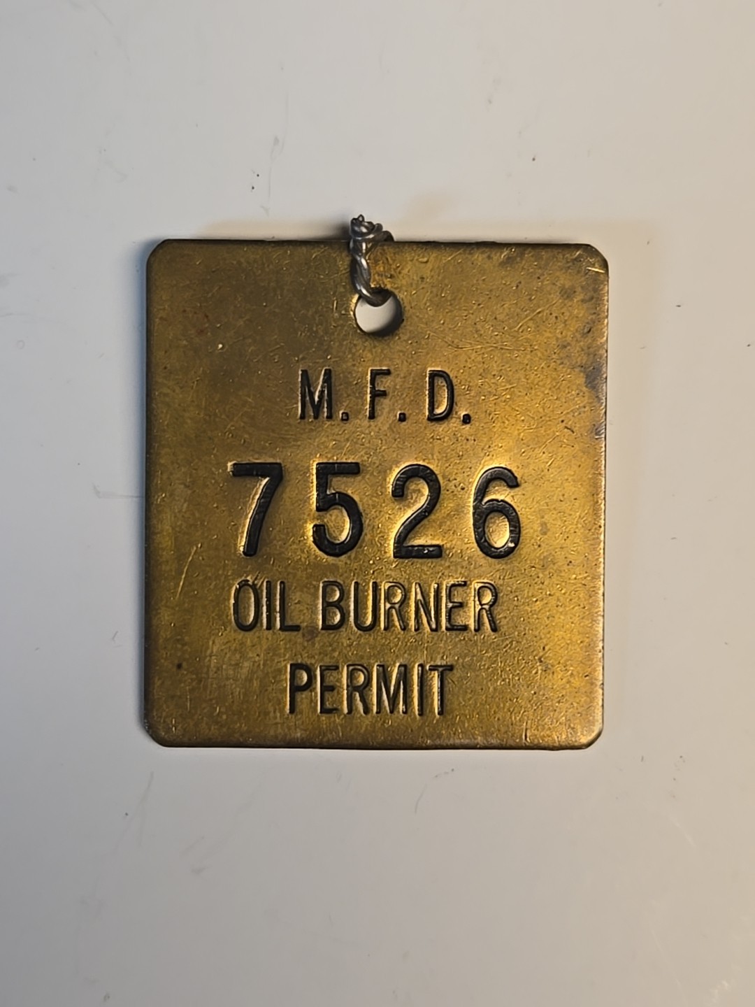 Vintage Brass Oil Burner Permit Tag M.F.D. 7526 Fire Dept Memorabilia Antique
