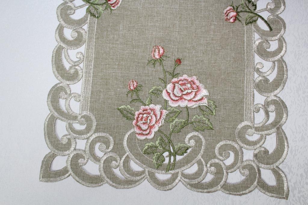 Doily Boutique Table Runner, Doily, Mantel Scarf with Pink Rose on Green Burlap