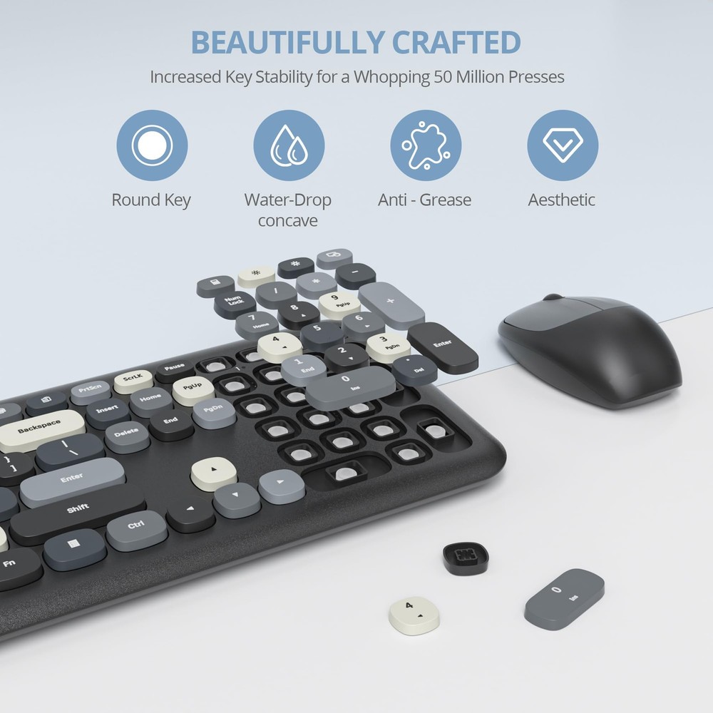 iRoboosta Black White Wireless Keyboard and Mouse Combo, 2.4GHz Retro Typewri...