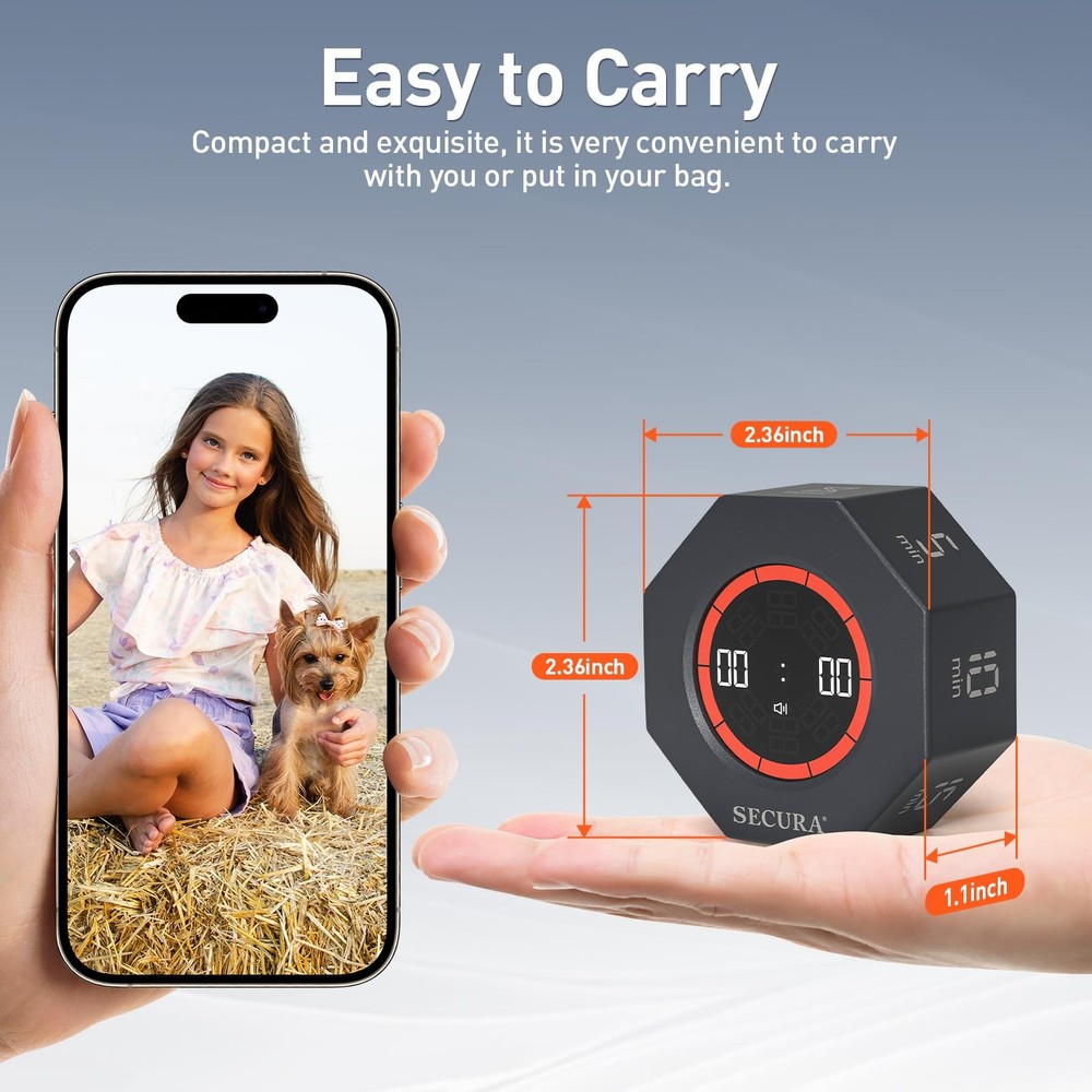 Secura Pomodoro Timer, Rotating Cube Time Tracker, Flip Gravity Sensor with 7...