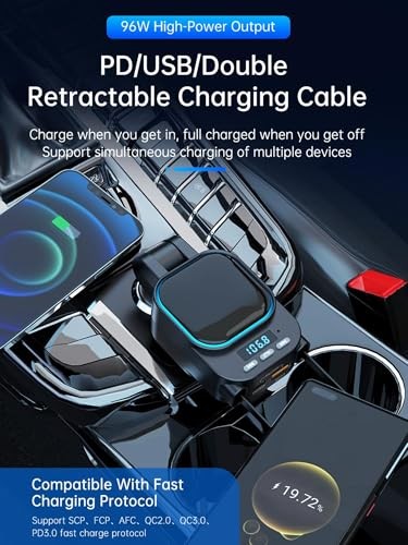 Retractable Car Charger 96W with Bluetooth Car Adapter, 4 in 1 Fast Charging,