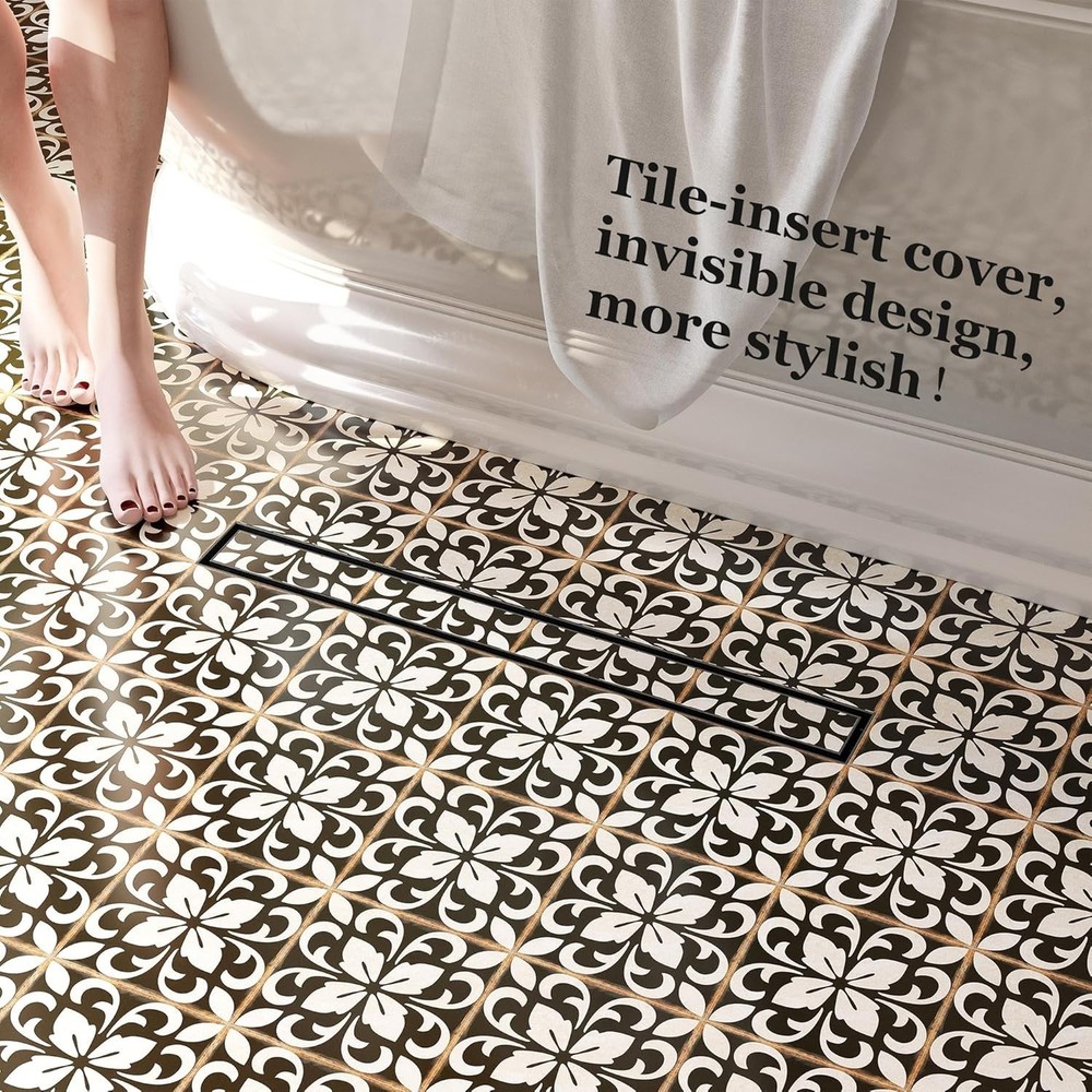 Modern Matte Black Rectangle Shower Drain, 24" Linear Drain