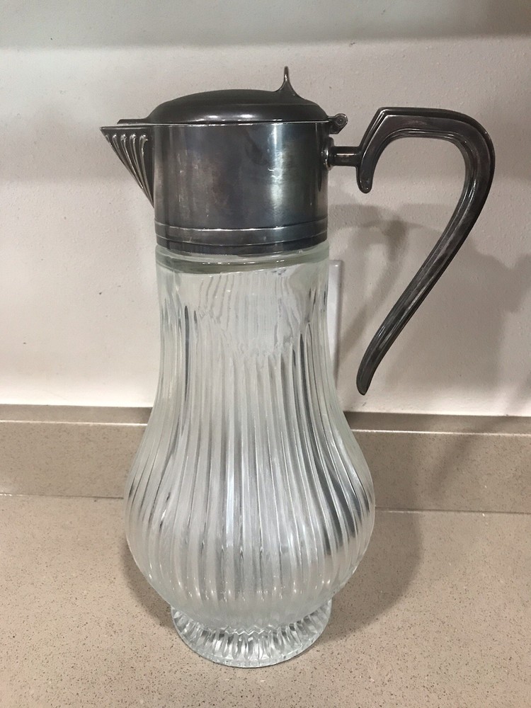 Vintage Large Glass & Silver Plate Pitcher Wine Claret Decanter