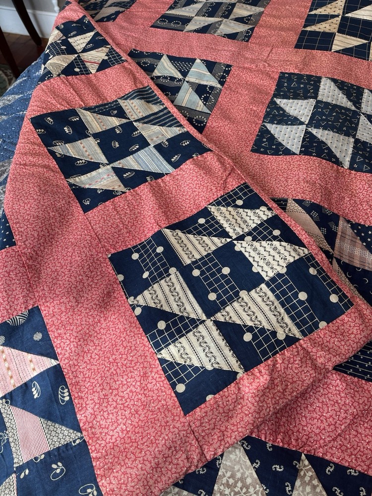 Vintage Handmade Quilt Indigo Pink Patchwork Bedspread