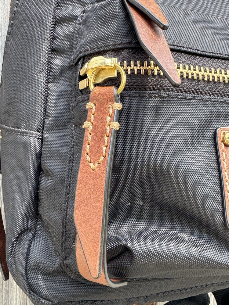 FRYE Ivy Nylon Backpack Black with Brown Leather Trim EUC!