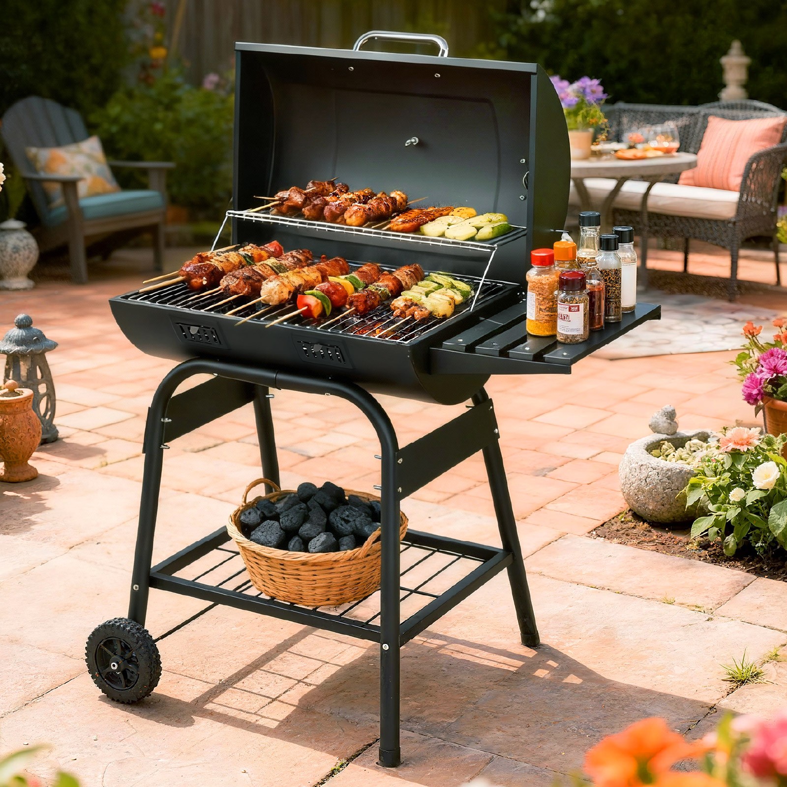 40" Barrel Charcoal Grill with Side Shelf, Stainless Steel Stove Camping Outdoor