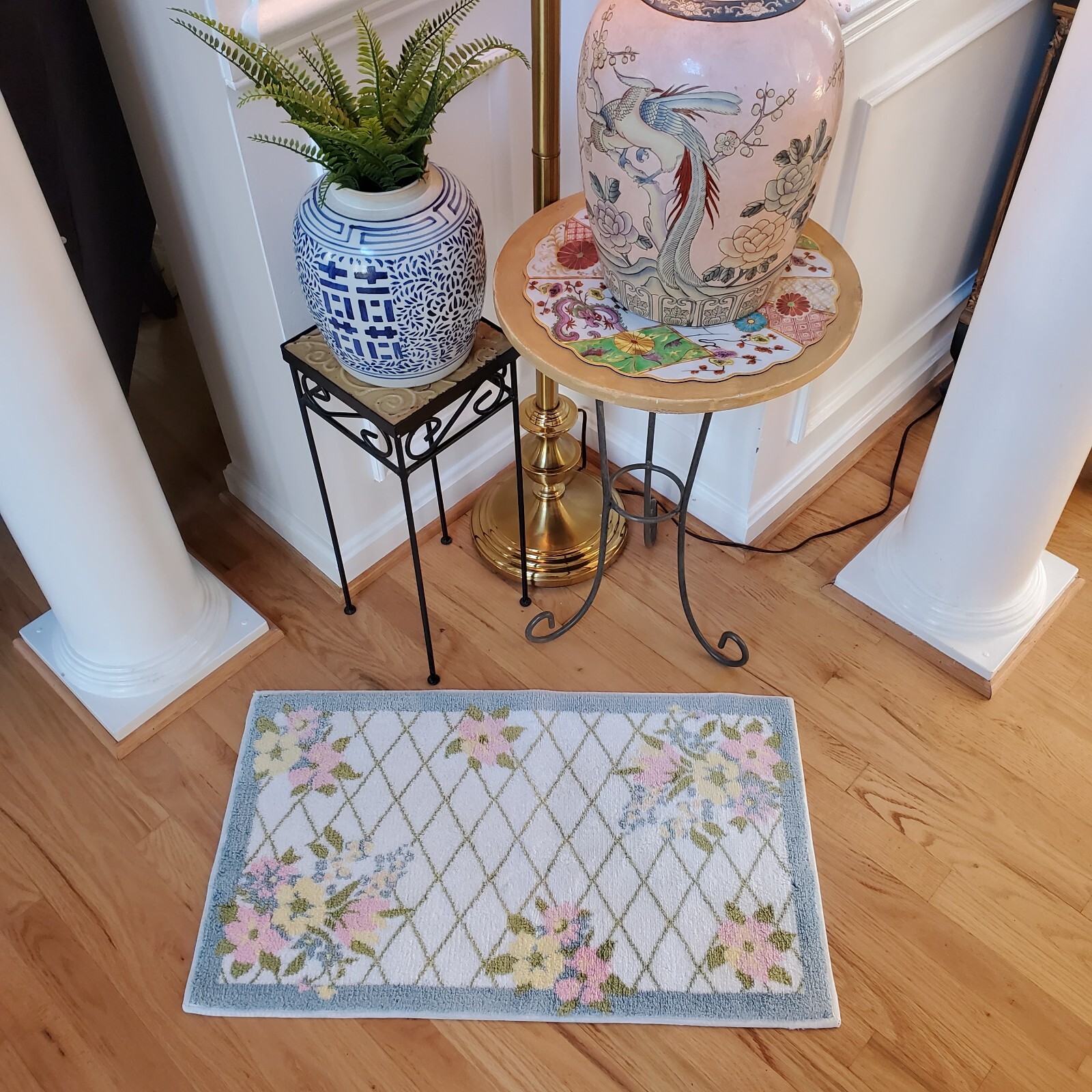 Longaberger Bath Mat Rug Pastel Trellis Pattern Blue Pink Cream White 18.5"x31"