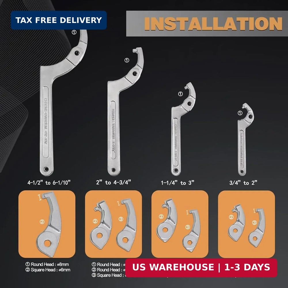 12pcs Adjustable Spanner Wrench Sets with Replaceable Head, C-Shape Pin Hook Wre