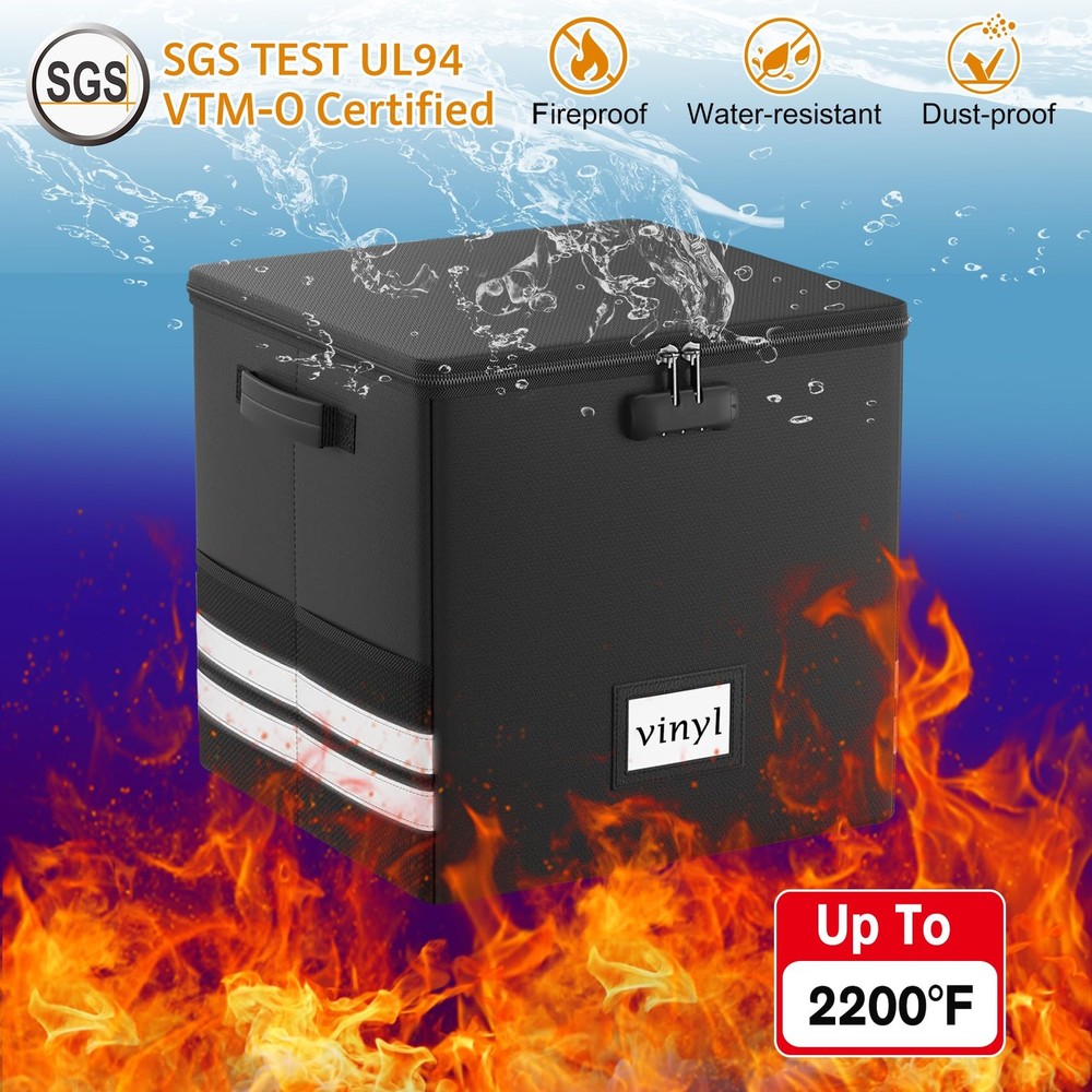 Vinyl Record Storage Box with Lock, Fireproof Waterproof Resistant Organizer ...