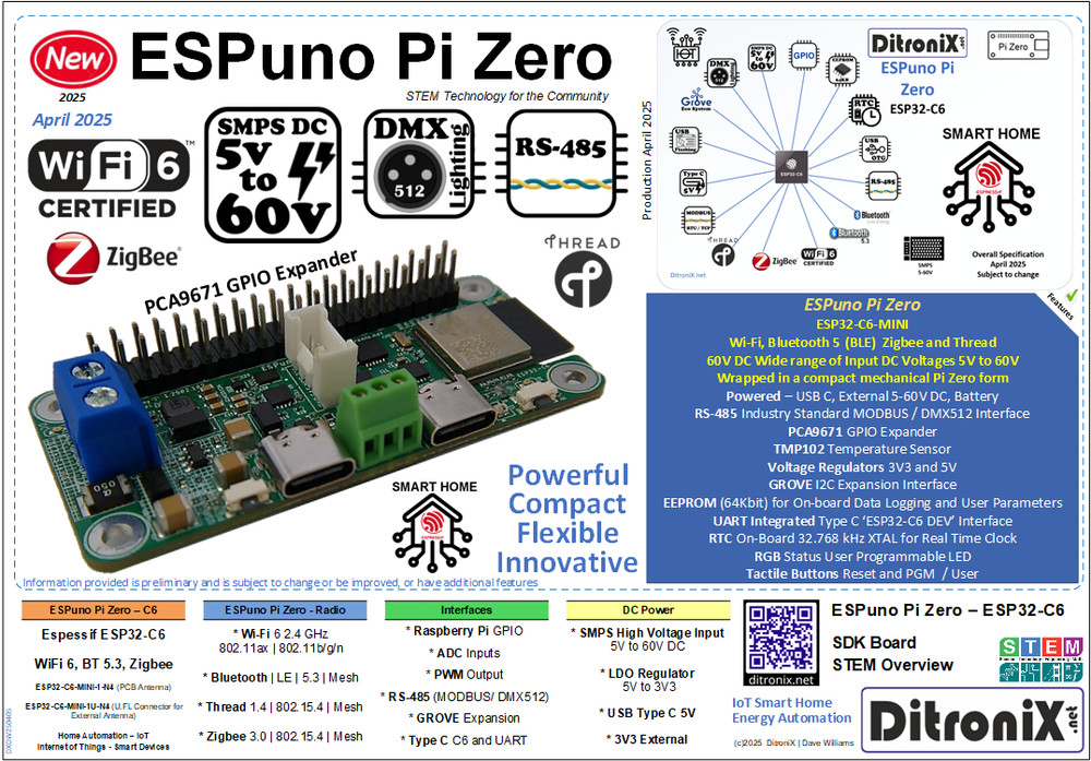 ESPuno Pi Zero ESP32-C6-1U STEM Maker DevKit SDK 60V DC Grove RS485 DMX MODBUS