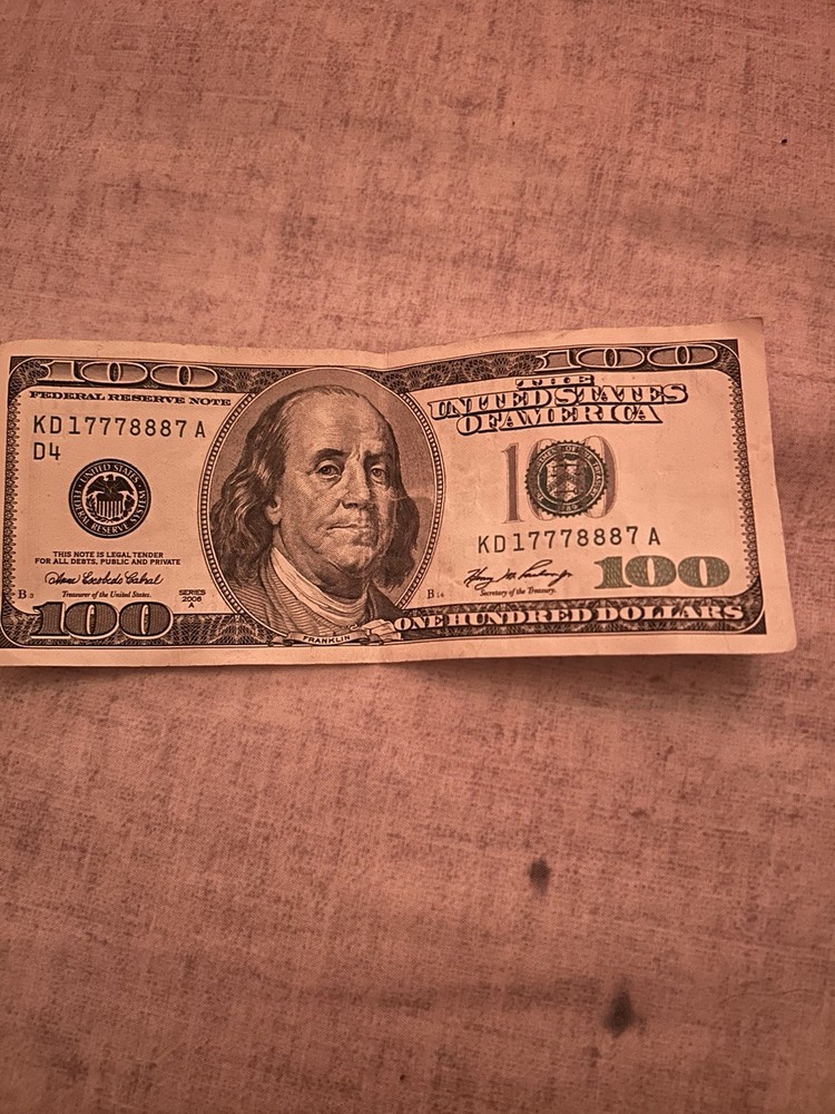 $100 US Federal Reserve Error Note Misaligned Serial KD17778887A