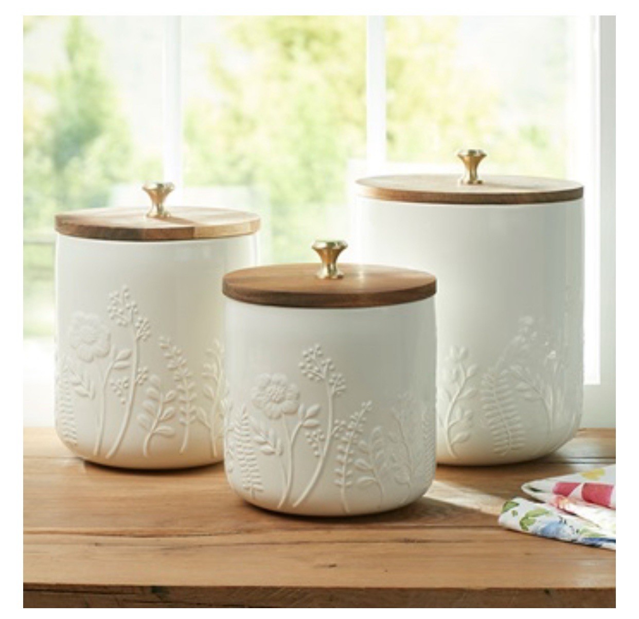 Princess House White Ceramic Floral Canister Set of 3 with Wood Lids