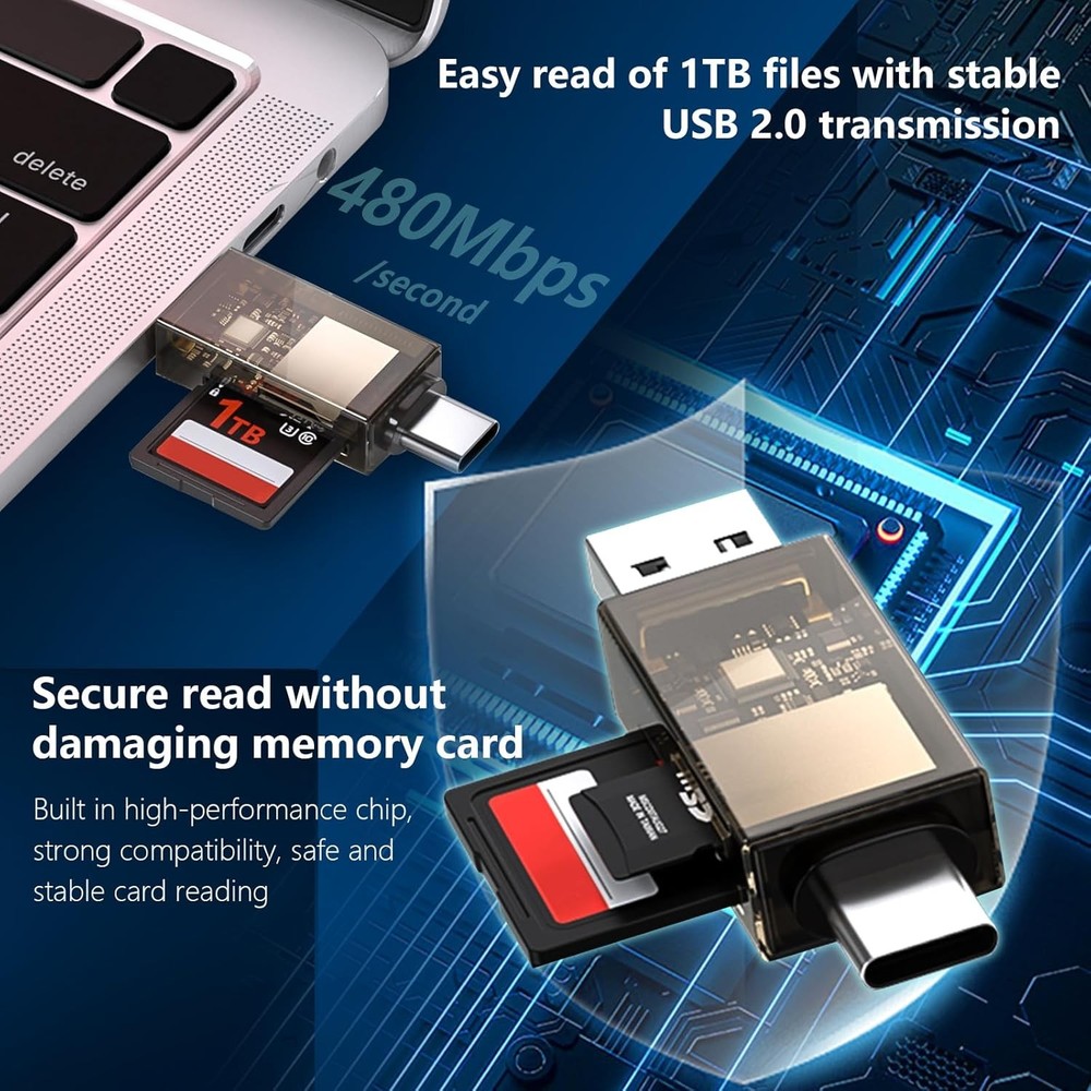 SD Card Reader, QimKero Dual Connector USB 2.0/USB-C Memory CardReader Brown