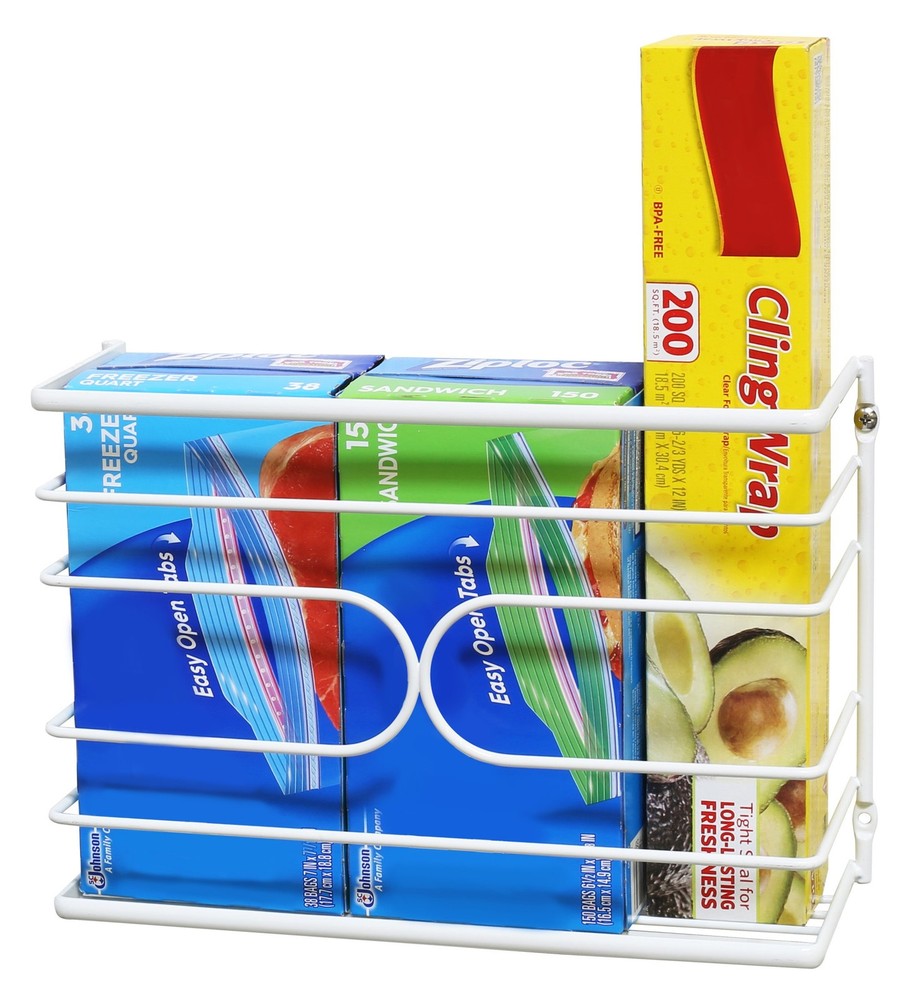 Wall Mount Wrap Organizer Kitchen Storage Rack White Metal