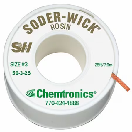 Chemtronics 50-3-25 Desoldering Wick, 25 Ft., 3, Copper, Rosin