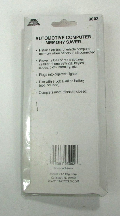 CTA Tools 3002 Vehicle Computer Memory Saver 9V Battery-Powered / Unopened