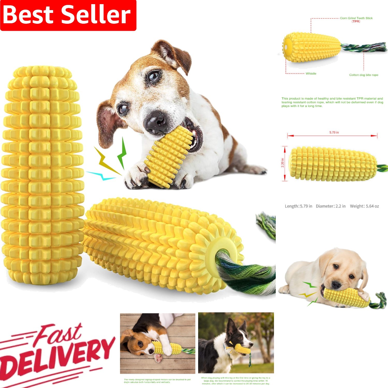 Durable Indestructible Dog Chew Toy - Squeaky Corn Stick for Aggressive Chewers