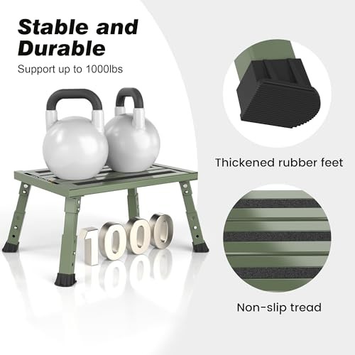 Adjustable RV Step Stool, 3-Step Height Adjustment, Foldable Legs, Army Green