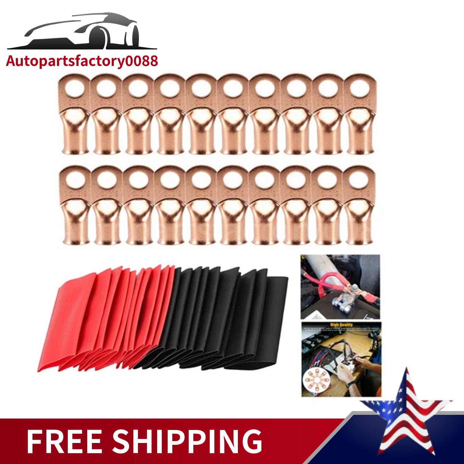 40 pcs 1/0 AWG Gauge Copper Lugs w/RED & BLACK Heat Shrink Ring Terminals Set US