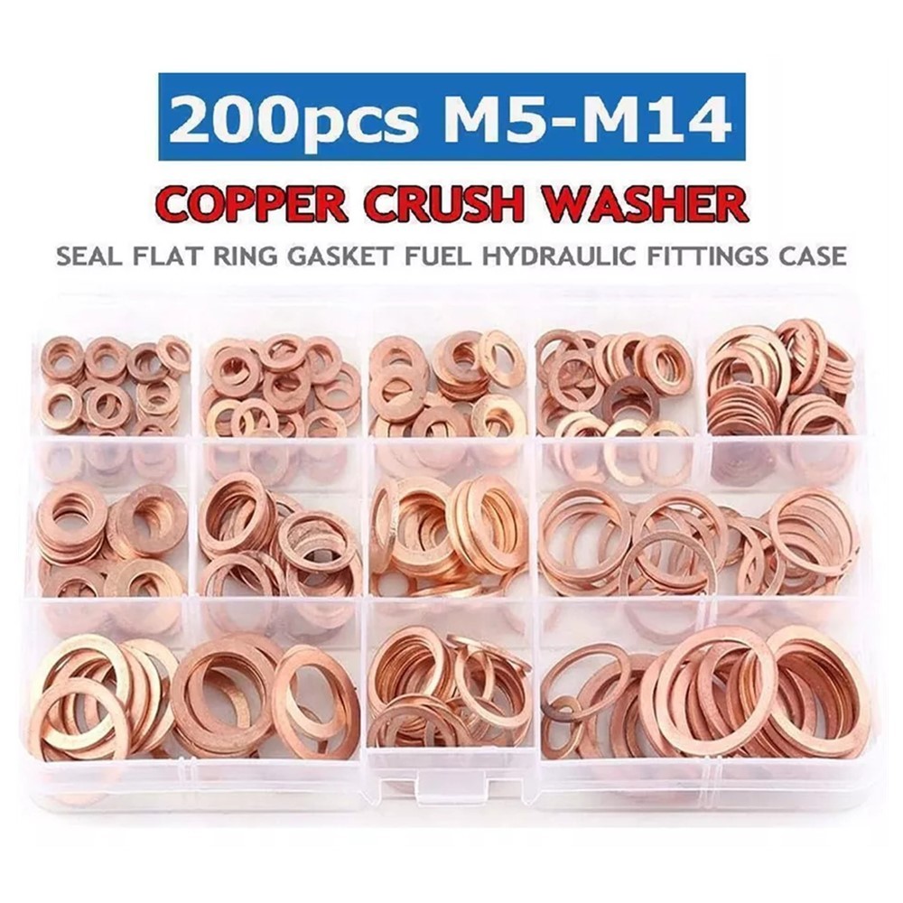 200PCS Solid Copper Crush Washer Gasket Set Flat O-Ring Seal Assortment Kits US