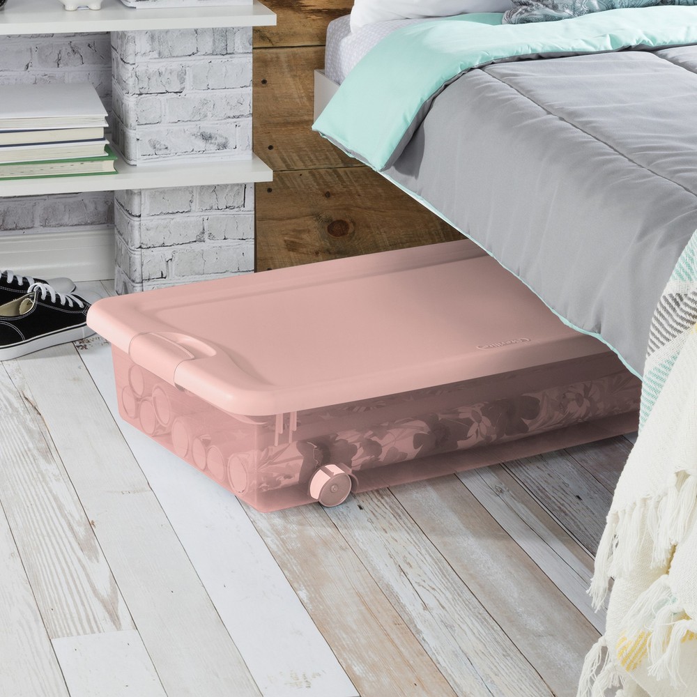 Sterilite 56 Qt Wheeled Under Bed Storage Container Plastic Bin, Blush, 4 Pack