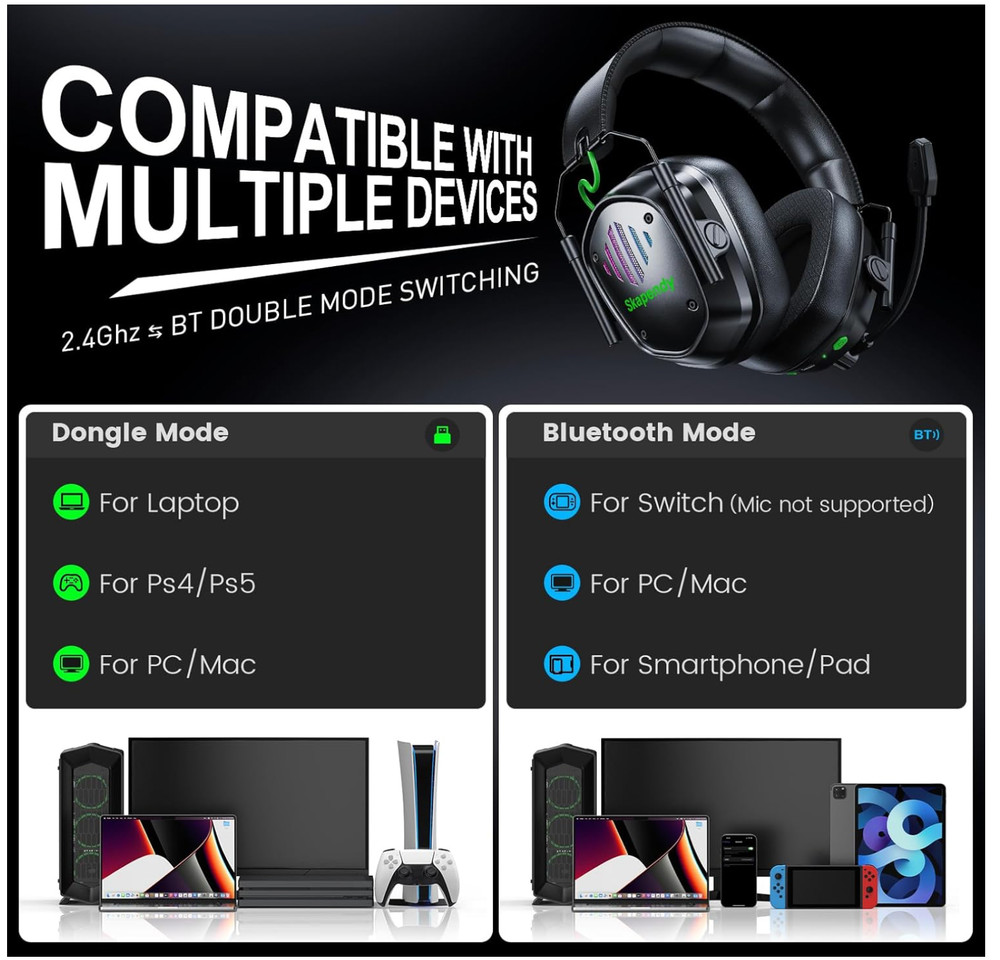 VK81 Wireless Gaming Headset for Atari 2600 Accessories, PS5, PS4, Switch, Mac,