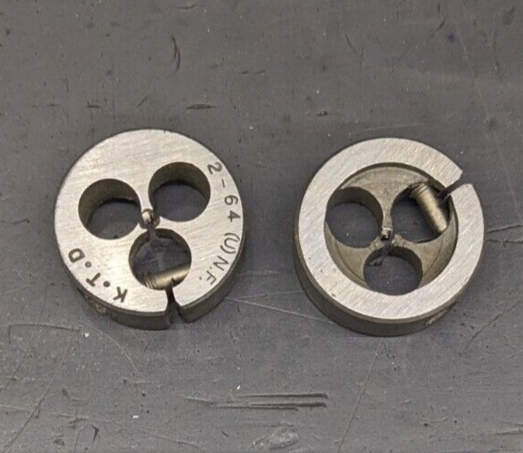 2 Round Dies 2-64 UNF CS 13/16 OD Screw Adjusting Adjustable Die Carbon Steel US