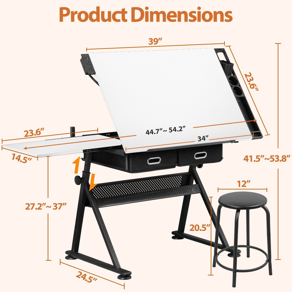 Adjustable Drafting Table w/ Power Outlet Artist Drawing Table with Stool White