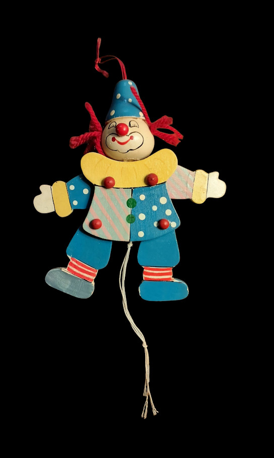Vintage 1960's Clown Wood Painted Pull String String Puppet Jumping Jack Toy