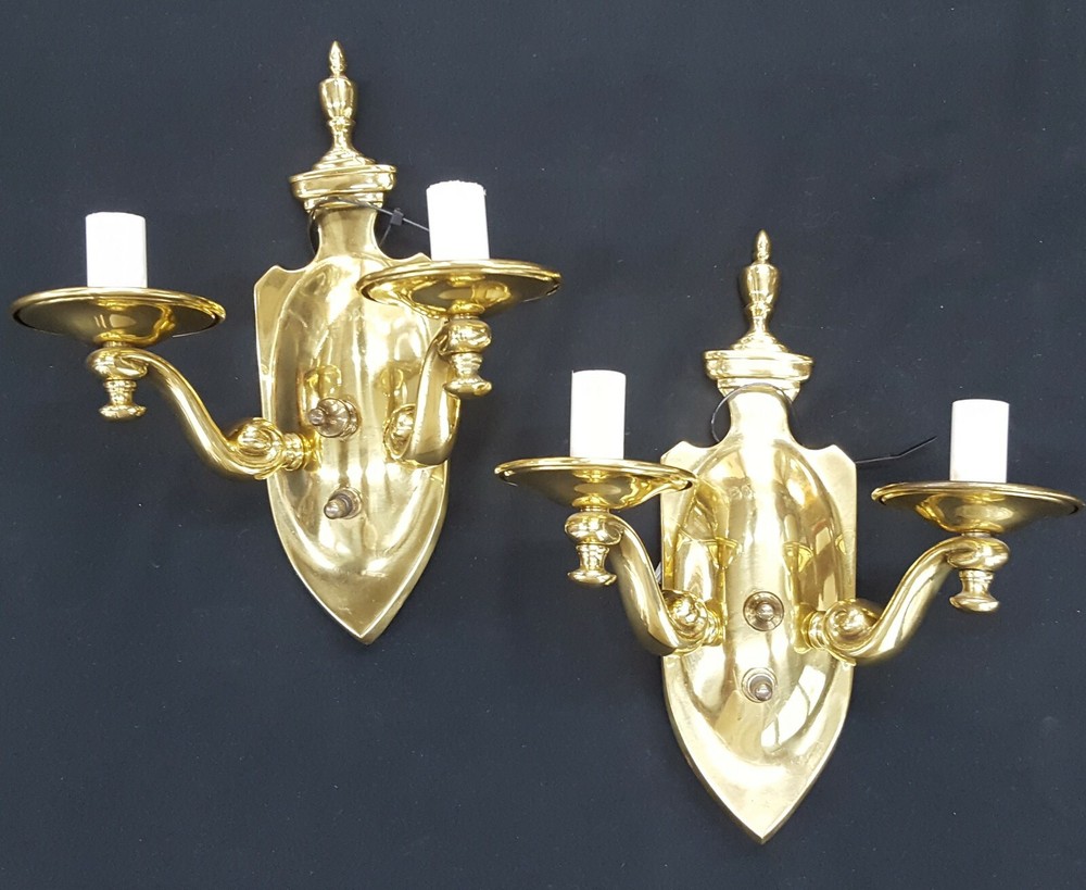 Pair of Two Light Solid Brass Wall Sconces