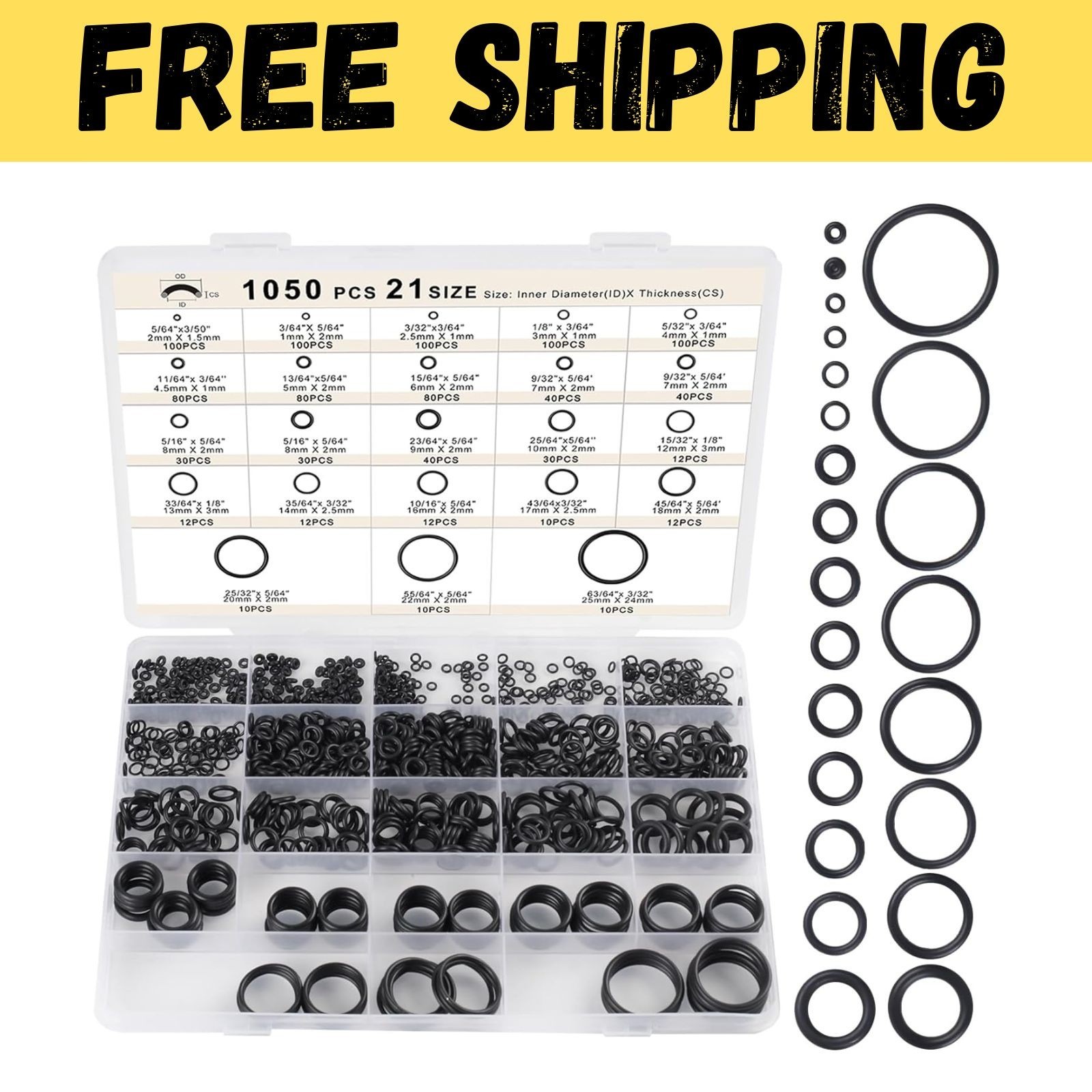 1050PCS O-Ring Assortment Kit | 21 Metric Sizes for Car Repair, Faucet, Air, Gas