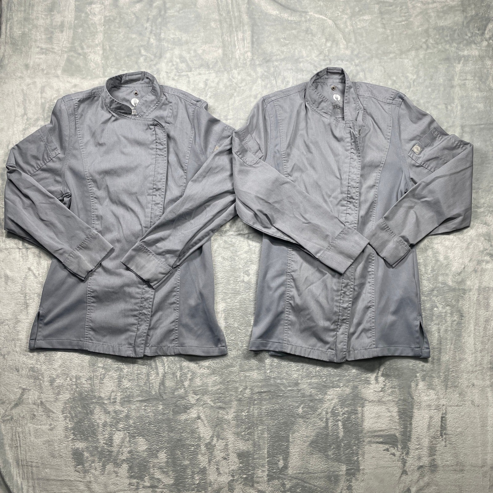 Two Chef Works Gray Chef Coat Kitchen Uniform Full Zip Long Sleeve Workwear Top