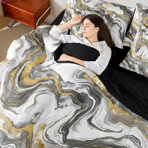 Marble Grain Size Bed Sheets and Comforter Set, Classic Full Grey White Gold