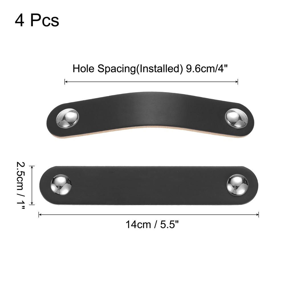 4 Packs Leather Drawer Pulls Double Hole Knobs, Black/Silver(Hole Spacing:96mm)