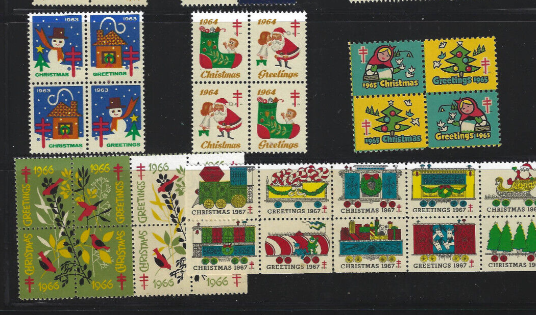 US Christmas Seals lot: one MNH set from each year 1954-1967; 66 seals!
