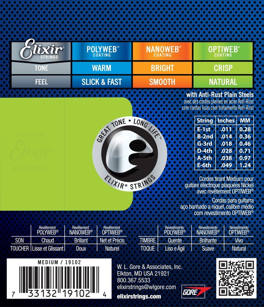 Elixir 19102 Optiweb Coated NPS Electric Guitar Strings; gauges 11-49