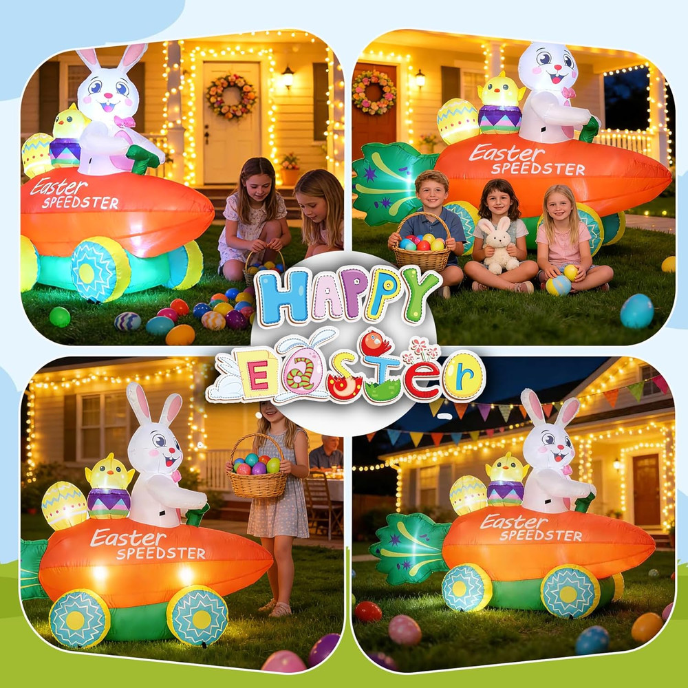 Inflatable Easter Bunny with Carrot Car and Easter Eggs, 6FT Easter Inflatables