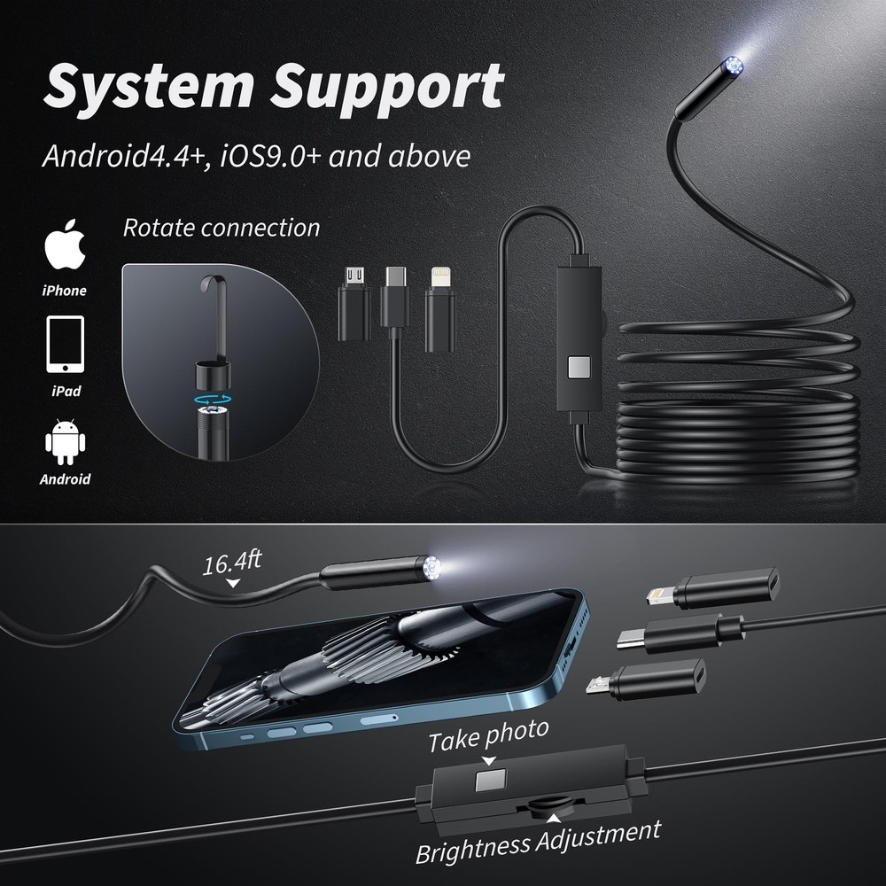 1920P HD Endoscope Camera with Light 16.4FT Waterproof Borescope