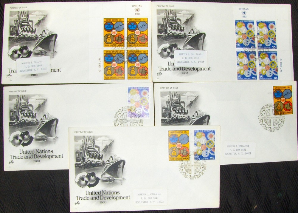 United Nations 5 different FDC TRADE and DEVELOPMENT, New York 1983.