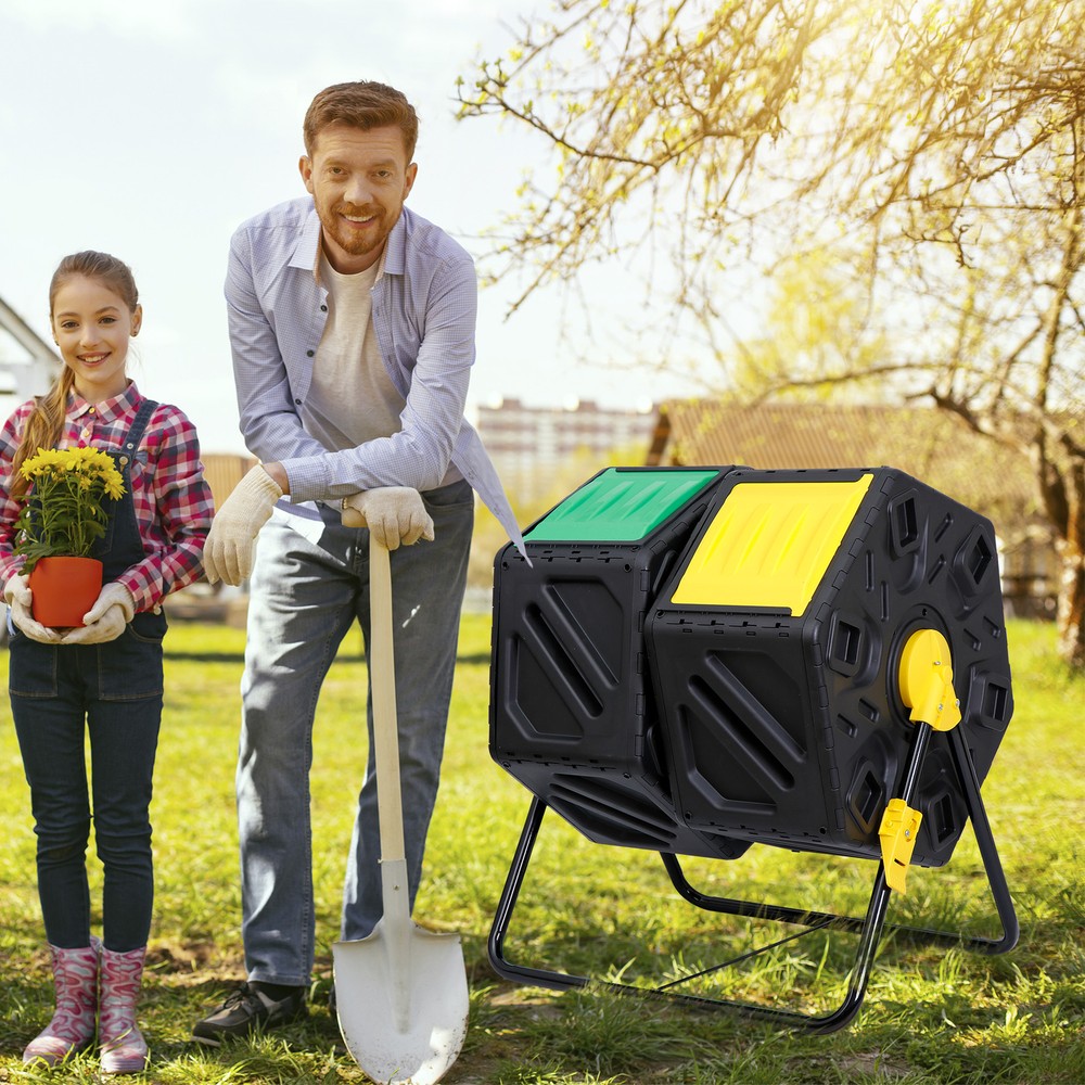 37 Gal Double Compost Bins Rotating Tumbling Composter Remixing Container, Black