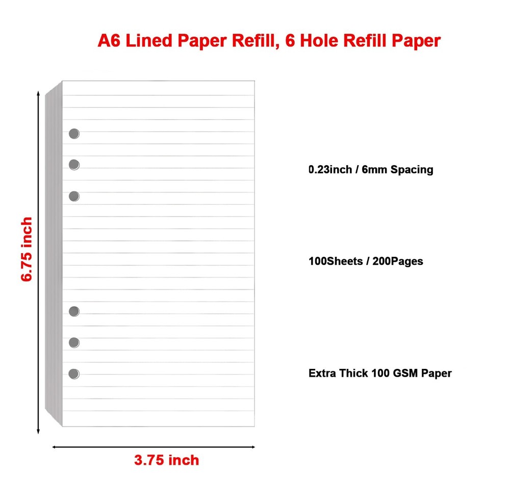 (2 Pack) A6 Lined Paper Refill 6 Ring, 6Hole 200Sheets, White