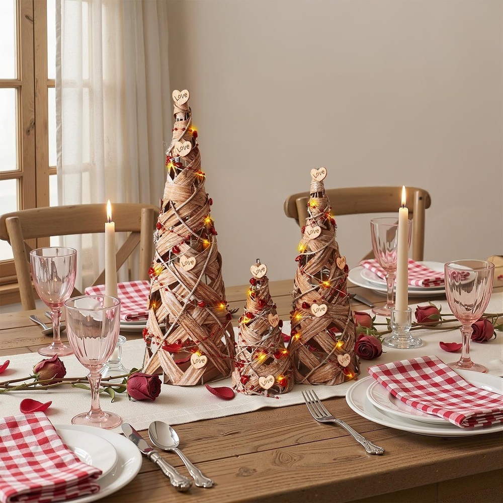 Treory Valentines Tree Table Decor, 3 Pcs Rustic Rattan Cone Natural