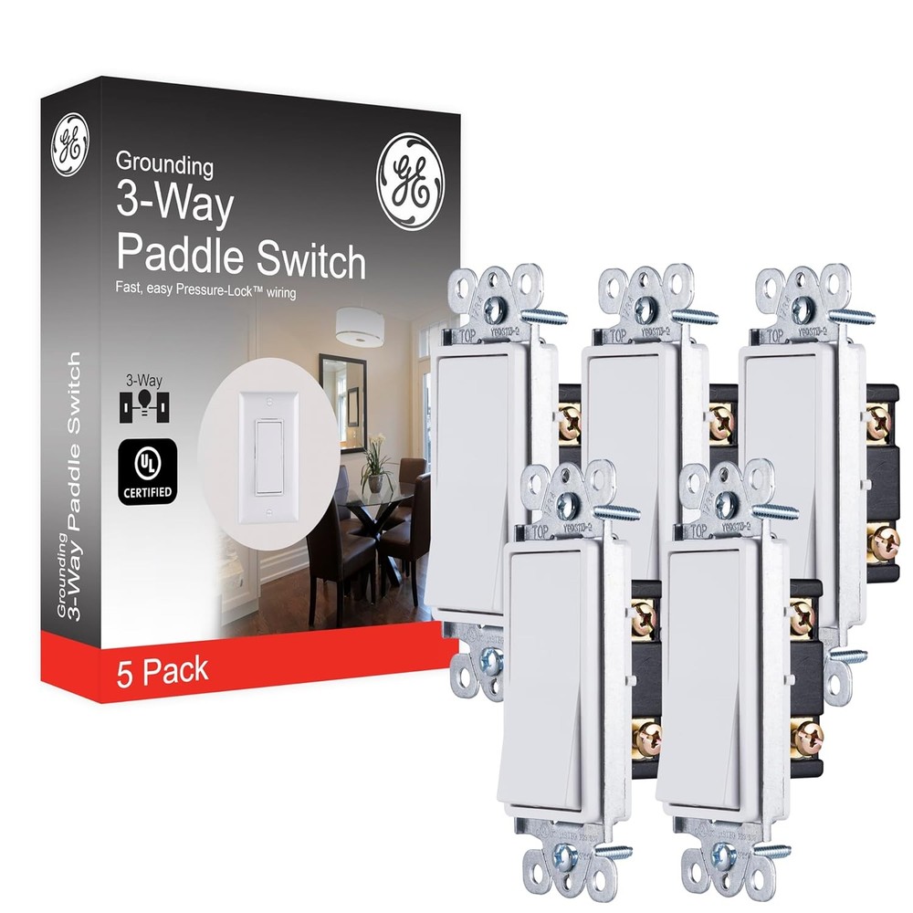 GE Grounding Paddle Rocker Switch 5 Pack, 3 Way, In Wall On/Off Power Switch Rep