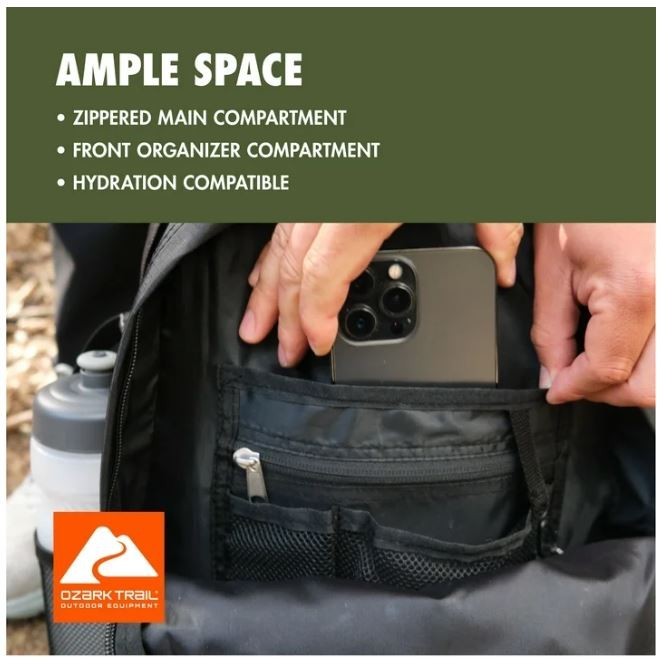 Ozark Trail Hiker Backpack 25 Liter, Black, Polyester, Adult, Teen