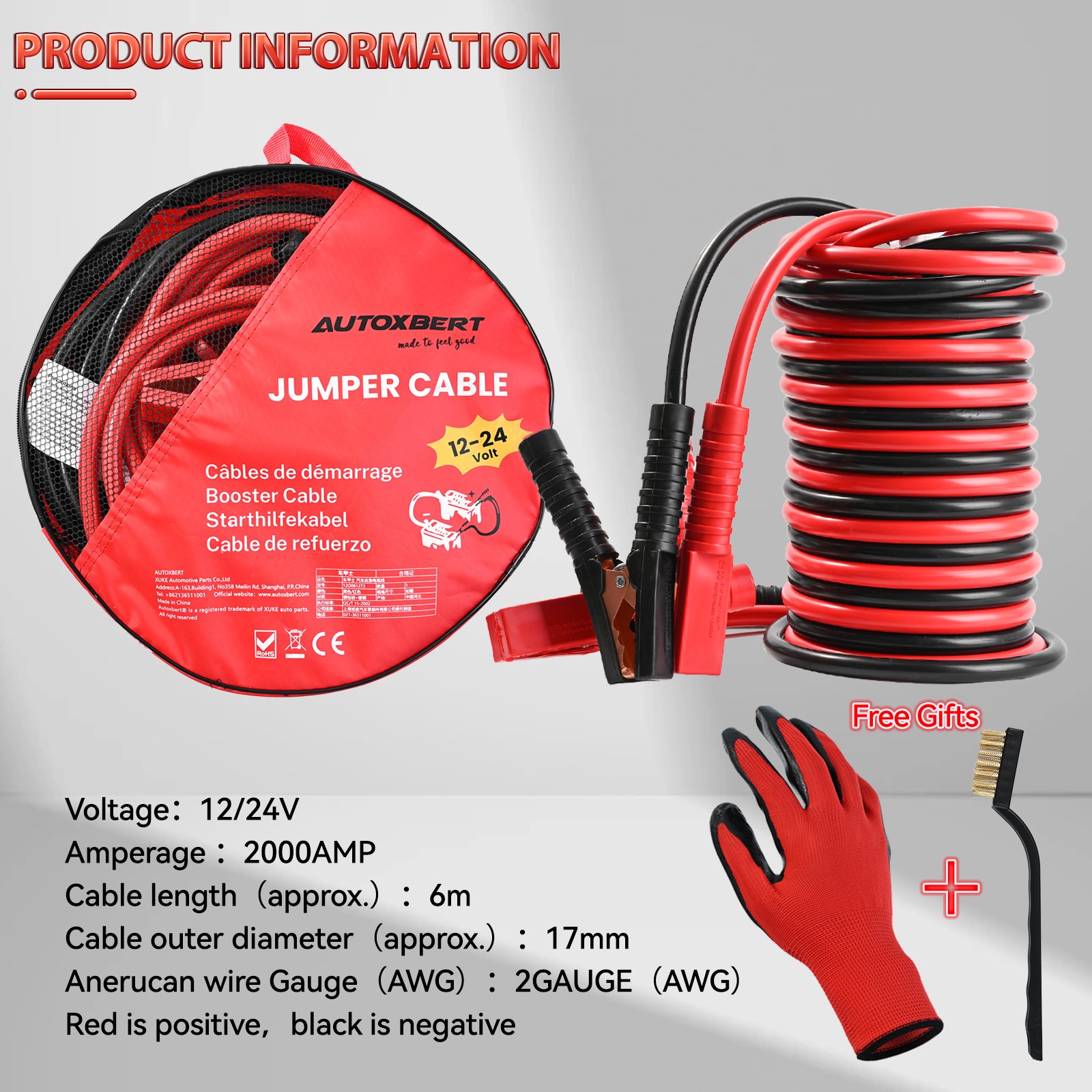 HEAVY DUTY 2 GAUGE 20FT BATTERY BOOSTER CABLE EMERGENCY POWER JUMPER 2000 AMP