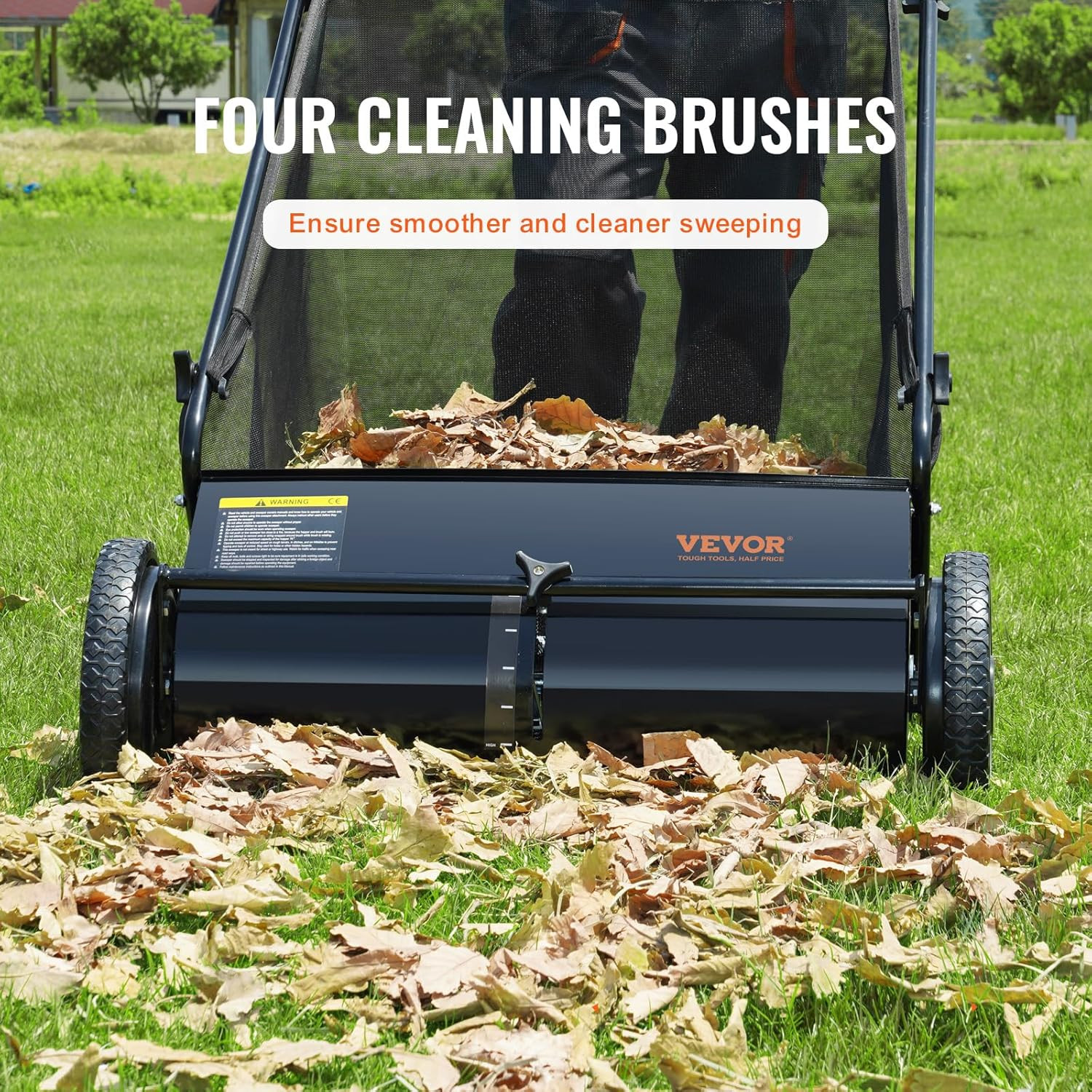 VEVOR 26" Push Lawn Sweeper | 7 ft³ Large Bag & 4 Spinning Brushes